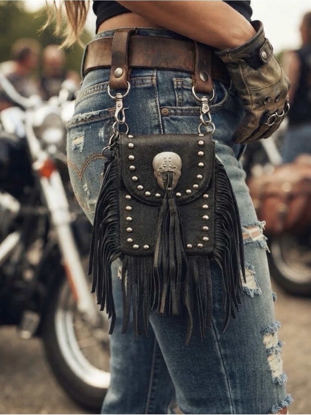 Black Fringed & Studded Skull
Biker Hip Clip Purse/Biker Pouch